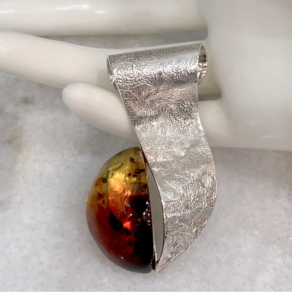 RARE BiColor Baltic Amber Sterling Silver Textured Scrolled Pendant